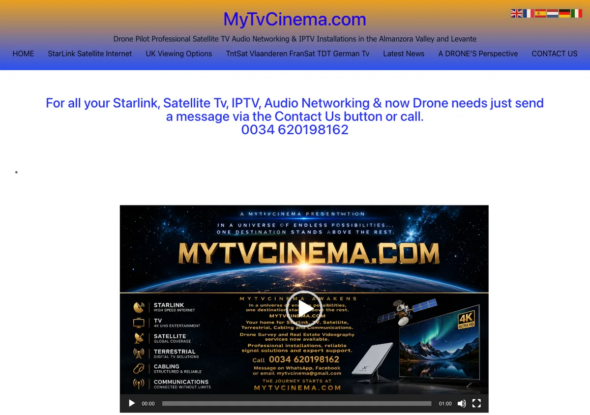Web anterior de MyTvCinema: cabecera naranja, vídeo autoreproducido, banderas diminutas