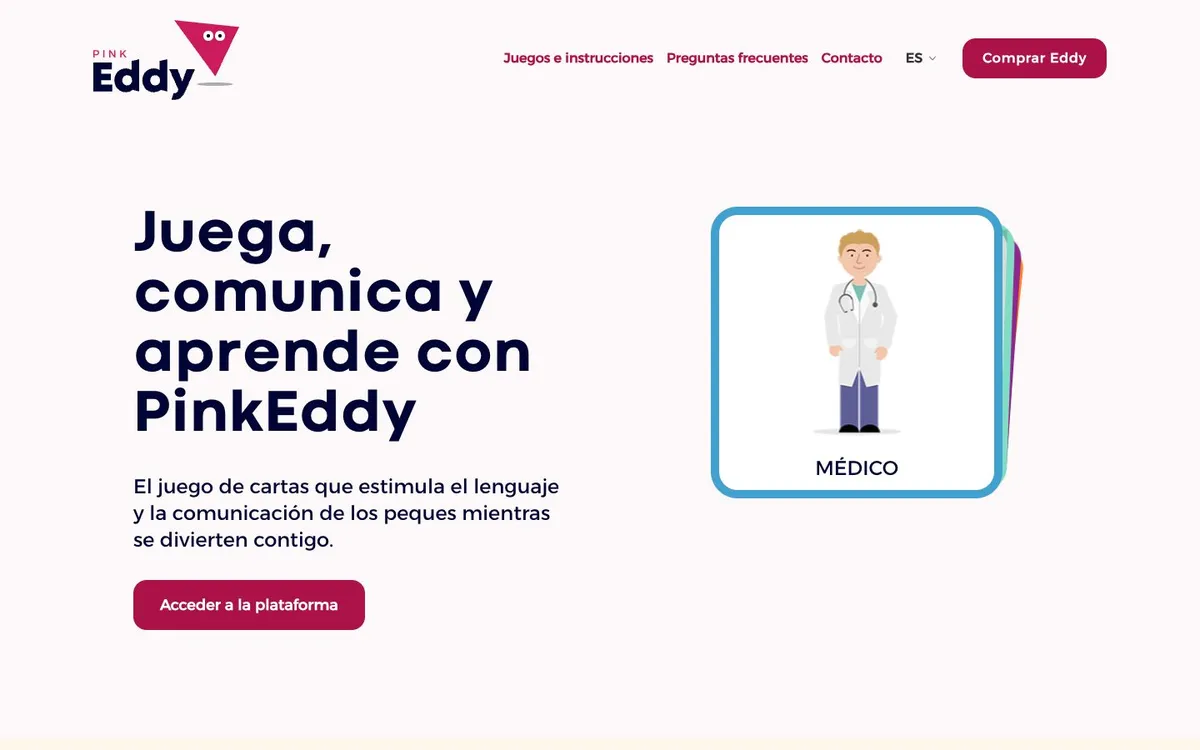 Web anterior de Pink Eddy: una carta de «médico» en grande y un botón que manda a la app