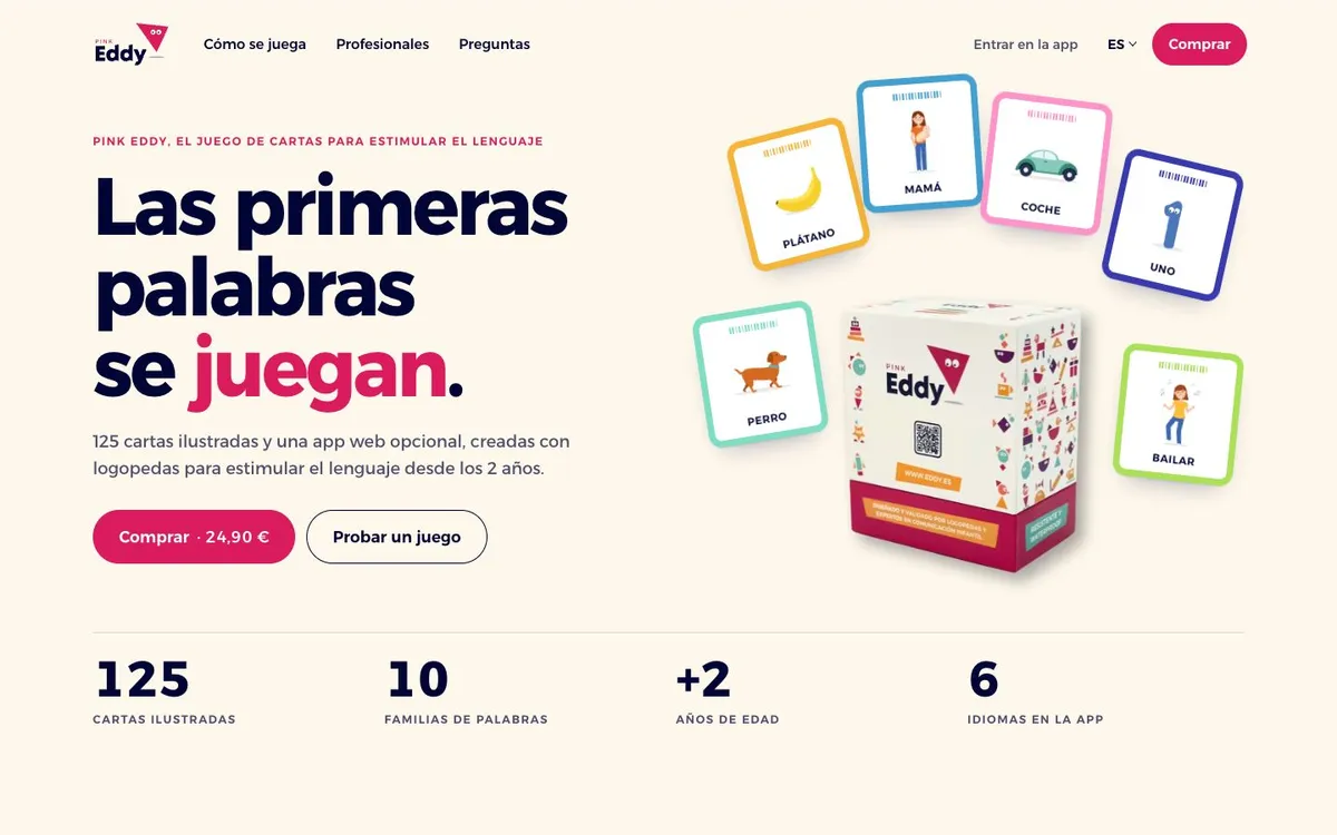Web nueva de Pink Eddy: la caja con sus cartas en abanico, el precio y dos botones